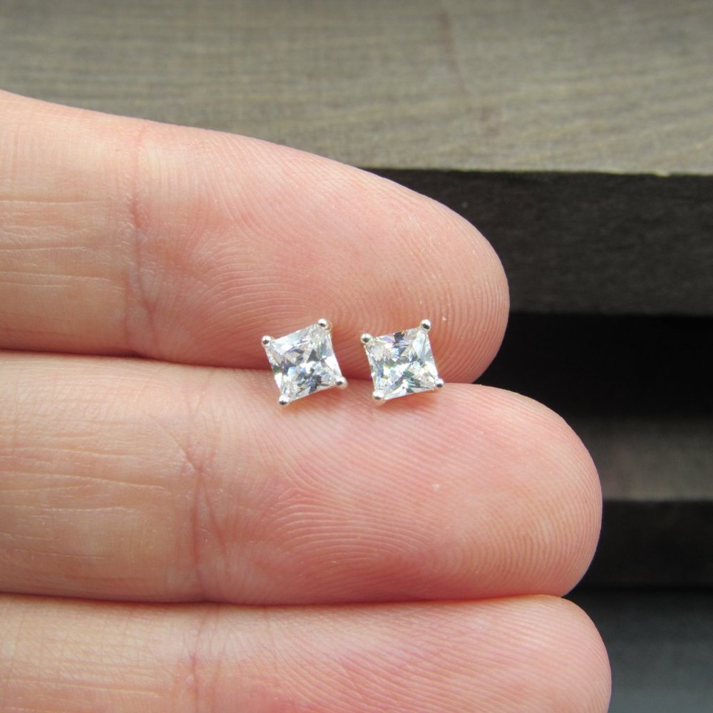 Sterling Tiny Square Bright Cz Stud Earrings - image 2